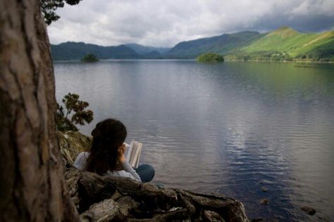 Great view. Girl with book. Reading. Derwent Water, Reading Spot, Arte Inspo, Woman Reading, Reading A Book, Trik Fotografi, Pics Art, The Edge, Happy Places