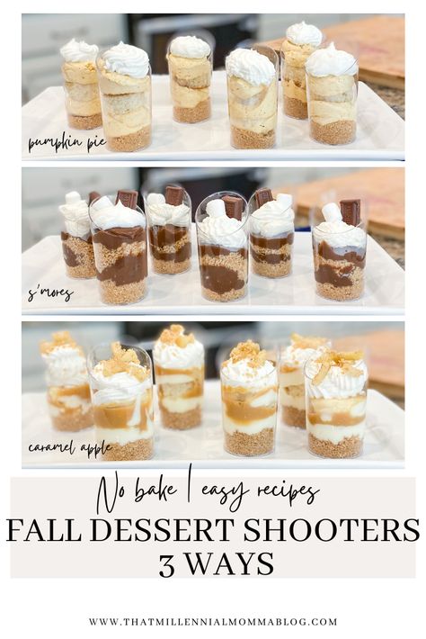 Mini Pumpkin Dessert Cups, Mini Shooters Desserts, Wedding Desserts In A Cup, Blue Parfait Desserts, Wedding Food Ideas Fall, Shooter Glass Desserts, Fall Desserts Wedding, Mini Apple Dessert Cups, No Bake Shooter Desserts