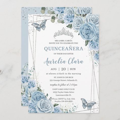 Quinceañera Baby Blue Floral Butterflies 16th Invitation Quinceanera Blue, Baby Blue Quinceanera, Cinderella Invitations, Quinceañera Invitations, Invitations Quinceanera, Blue Sweet 16, Quince Invitations, Blue Quince, Cinderella Princess