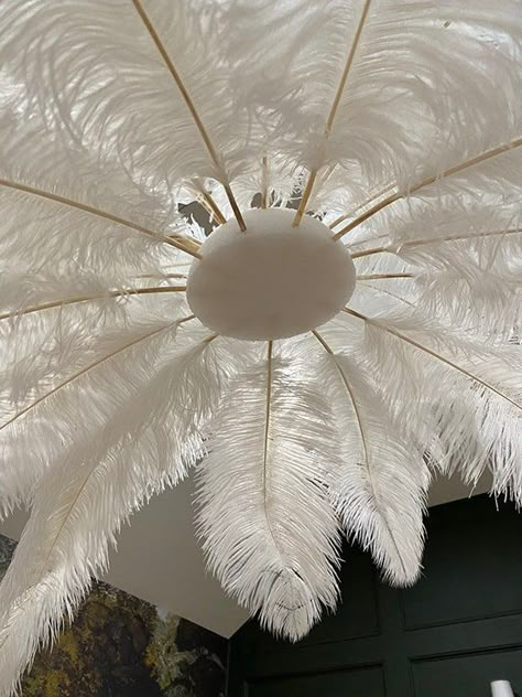 Diy Feather Decor, Faux Chandelier, Magic Light Trick, Diy Feather, Feather Chandelier, Jenna Sue Design, Feather Lamp, Feather Centerpieces, Jenna Sue