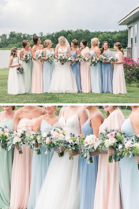 Lovely pastel bridesmaids dresses in a summer wedding from Azazie.  Check out this Summer wedding.  Azazie dresses, Spring wedding, Flagstone Farm, Outdoor wedding, Bridal Party, Tuscaloosa Wedding, Alabama Wedding, Fort Worth Wedding Photographer, Wedding Bouquet, Spring Bouquet Spring Bridesmaid Dresses Colors Shades, Summer Pastel Bridesmaid Dresses, Pastel Wedding Party Attire, Soft Pastel Bridesmaid Dresses, April Wedding Bridesmaid Dress, Different Color Bridesmaid Dresses Spring, Outdoor Summer Wedding Bridesmaid Dresses, Spring Pastel Bridesmaid Dresses, Pastel Wedding Bridal Party