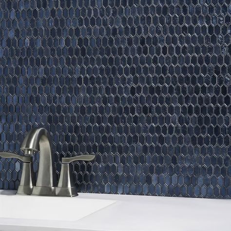 Artmore Tile Flicker Midnight Blue 11-in x 11-in Polished Glass Hexagon Wall Tile (0.94-sq. ft/ Piece) in the Tile department at Lowes.com Hexagon Wall Tile, Bar Tile, Blue Bathroom Tile, Shower Bar, Glazed Ceramic Tile, Glass Mosaics, Full Glam, Blue Polish, Deco Blue