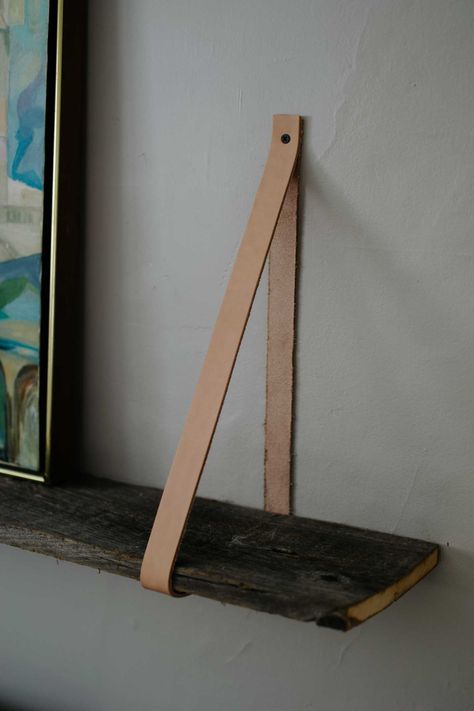 Leather Strap Shelves, Diy Wood Shelves, Olga Kurylenko, Yoga Decor, Wall Hanging Shelves, Wooden Wall Shelves, Leather Wall, Leather Decor, Hanging Shelves