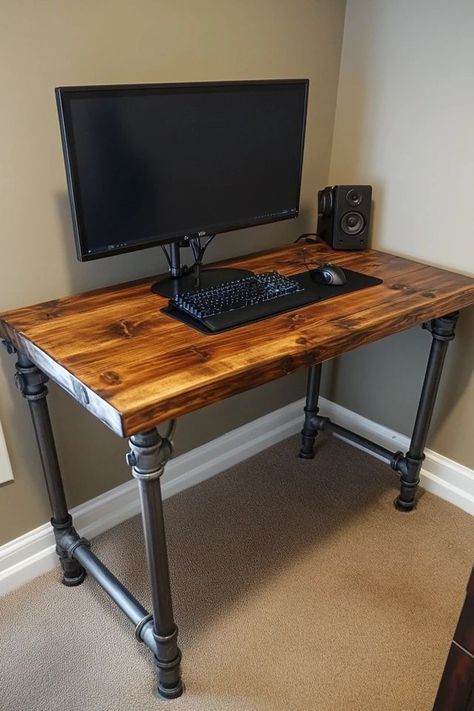 "Add a modern twist to your workspace with a DIY Industrial Pipe Desk! 🛠️🏭 A great project for those who love minimalist and functional design. 🌿✨ #DIYProjects #IndustrialFurniture #HomeOfficeStyling" Galvanized Pipe Desk, Pipe And Wood Desk, Industrial Pipe Office Desk, Computer Desk Industrial, Vintage Industrial Metal Desk, Industrial Pipe Desk, Jam Room, Pipe Desk, Industrial Style Interior