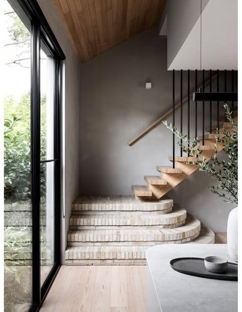 Curved Kitchen, Brick Steps, Timber Battens, Timber Walls, Interior Stairs, Australian Homes, The Design Files, Staircase Design, Stairs Design