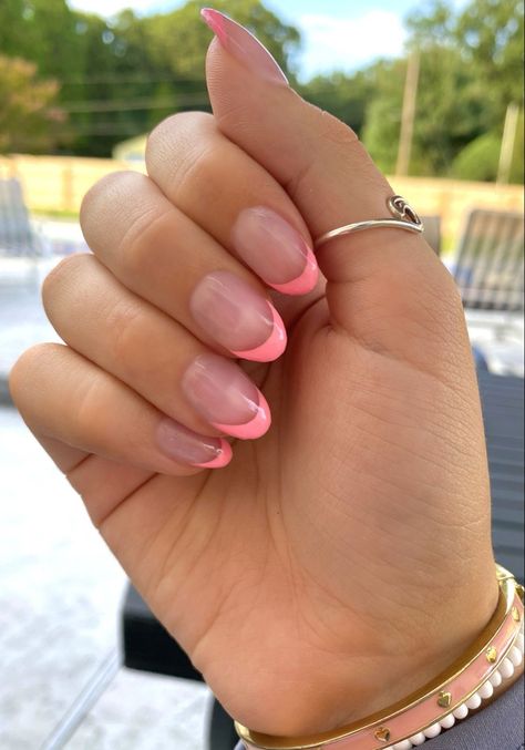 Pink french tips~ 💞🌟 #nails #nailart #naildesign #nailsideas #preppy #tips #frenchtipnails #pink #trendy #credit #aesthetic Almond Nails Acrylic Short, French Tip Summer Nails 2023, Cute Short Acrylic Nails Almond Shape, Trendy Nails Almond Shape Summer, Cute Short Almond Nails French Tip, Nail Designs Almond Shape Pink, Preppy Nails Almond Shape, Nail Inspo 1 Color, Cute Nail Ideas For Summer Almond Shape