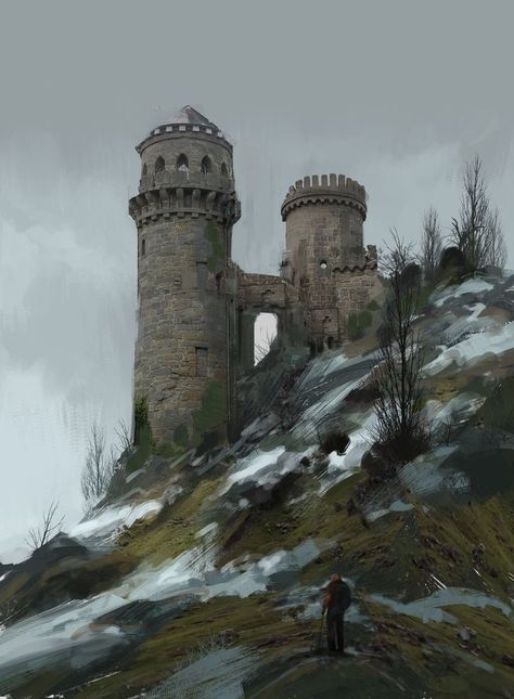 Dark Fantasy City Concept Art, Ruined Castle Fantasy Concept Art, Fantasy Tower Concept Art, Dnd Art Landscape, Concept Art Castle, Fantasy Castle Concept Art, Dark Fantasy City, Dnd Castle, Tower Concept Art