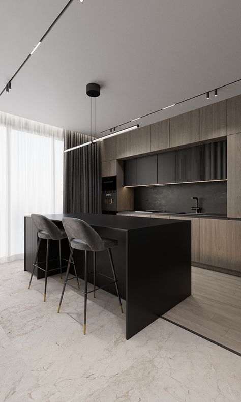 Black Mirror Cube on Behance Kitchen Natural Wood, Kitchen Natural, Black Cube, Black Island, Showroom Interior Design, Architecture 3d, Kitchen Design Plans, Interior Design Architecture, Living Room Design Decor