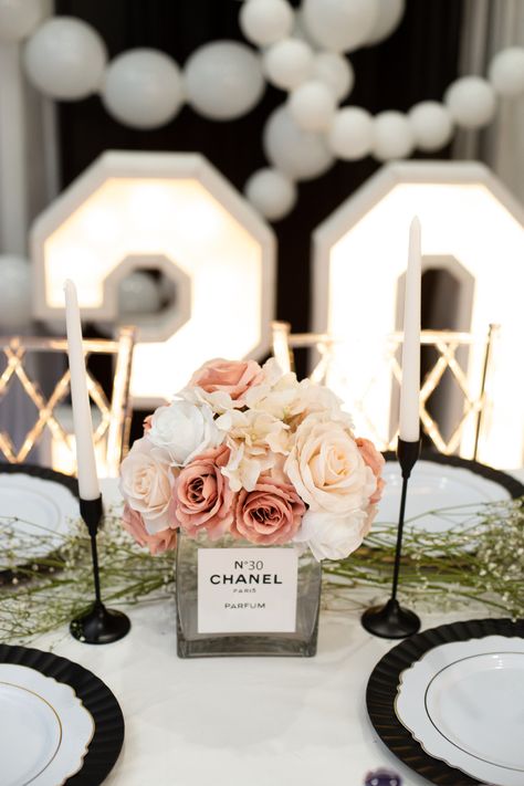 Chanel 30th Birthday Ideas, Chanel No 30 Party Birthday, Chanel 40th Birthday Theme Parties, Channel Party Decorations, Chanel 50th Birthday Party Ideas, Designer Party Theme, Perfume Theme Party, 50th Birthday Flowers Arrangements, Chic Birthday Party Ideas For Women