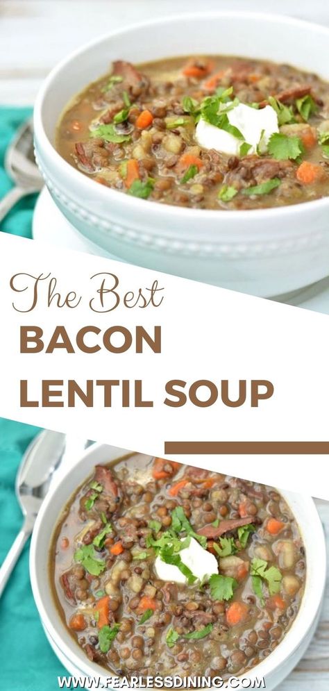 If you are looking for a hot bowl of soup that has pure comfort food flavors, give this easy lentil bacon soup recipe a try. It is naturally gluten free and dairy free. It has carrots, lentils, bacon, and all delicious ingredients. Hearty enough to be a meal and it is perfect in a thermos for lunch. Lentil Soup With Bacon, Lentil And Bacon Soup, Bacon Soup Recipes, Food Flavors, Soup With Bacon, Bacon Soup, Easy Bacon, Lentil Soup Recipes, Best Bacon