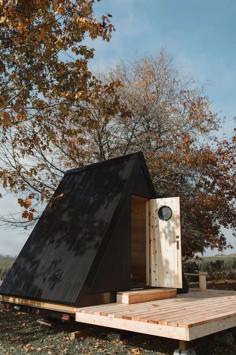 Portable Prefab A-Frame Cabin by Bivvi for $19k USD | Field Mag Small A Frame Cabin, Tiny A Frame Cabin, Modern A Frame Cabin, Micro Cabin, A Frame Cabin Plans, A Frame Cabins, Prefab Cabins, Frame Cabin, A Frame Cabin