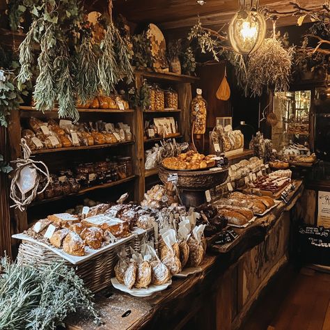 Medieval Bakery Aesthetic, Small General Store Ideas, Witchy Bakery Aesthetic, Witch Bakery Aesthetic, Dark Academia Bakery, Cute Store Aesthetic, Cottage Core Bakery, Old Bakery Aesthetic, Witchy Bakery