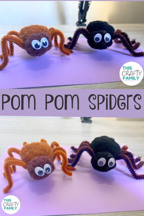 Cute insect Pom Pom spider craft for kids. This adorable easy to make spider craft is perfect for homemade halloween decorations or as a fun incy wincy spider themed make Pom Pom Spider Craft, Pom Pom Spider, Spider Craft For Kids, Homemade Halloween Decor, Pom Pom Spiders, Incy Wincy Spider, Spider Craft, Spider Face, Spider Crafts