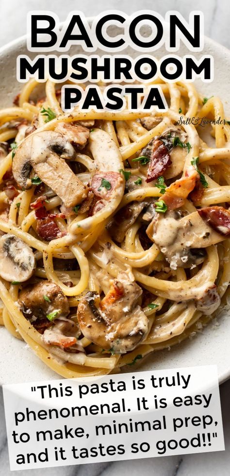 Simple Mushroom Pasta Recipes, Light Sauce Pasta Recipes, Creamy Mushroom Bacon Pasta, Bacon Mushroom Recipes, Pasta For New Years Eve, Spaghetti And Mushroom Recipes, Recipes With Crimini Mushrooms, Pasta For 2 Recipes, Entrees With Mushrooms