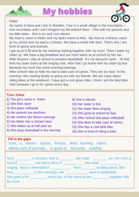 Esl Reading Comprehension Worksheets, Reading Grade 5 Worksheet, Reading For Beginners Worksheets, Grade 5 Lessons, Grade 6 English Worksheets Reading Comprehension, Hobbies Reading Comprehension, Reading Comprehension For Grade Four, Grade 5 Reading Activities, Comprehension For Grade 5 In English