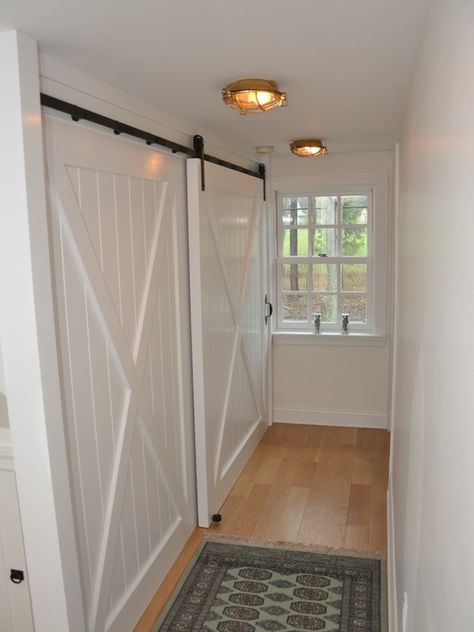 Traditional Hall Hall Closet Design... maybe the hanging, by-pass type. Not the barn door Interior Sliding Glass Doors, Front Hall Closet, Bypass Barn Door, Hallway Closet, Barn Door Closet, Hall Closet, Laundry Room Diy, Sliding Doors Interior, Diy Barn Door