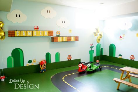 A Super Mario 5th Birthday Diy Video Game Room, Power Up Vbs, Super Mario 5, Mario Bedroom, Super Mario Room, Mario Kart Party, Mario Bros Birthday Party Ideas, Video Game Room Ideas, Video Game Room Decor