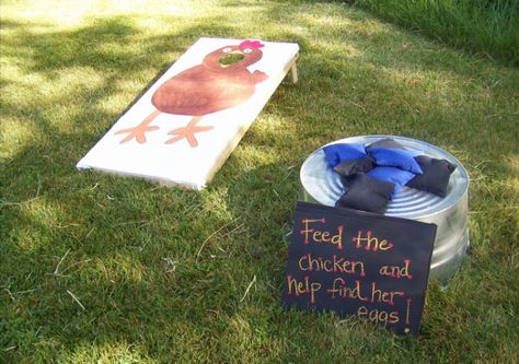 Farm party games feed the chicken cornhole board toss game Chicken Games For Kids, Ffa Games, Cottage Games, Farm Party Games, Chicken Birthday, Tractor Birthday Party, Chicken Games, Throwing Games, Farm Animal Crafts