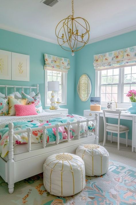 42+ Bedroom Color Scheme Ideas to Refresh Your Sanctuary - Blushiee Aqua Bedroom Ideas, Colorful Girls Bedroom Ideas, Girls Bedroom Paint Colors, Bedroom Color Scheme Ideas, Tiffany Blue Bedroom, Girls Blue Bedroom, Girls Bedroom Paint, Color Scheme Ideas, Teen Room Designs