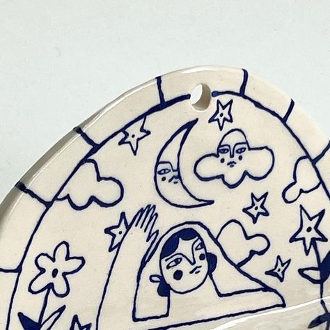 Illustration On Ceramics, Couples Ceramic Painting, Illustration Ceramics, Ceramic Painting Trinket Dish, Ceramic Drawing, Ceramic Altar, Illustrated Ceramic Plates, Thanks For Following Me, Bowl Pottery