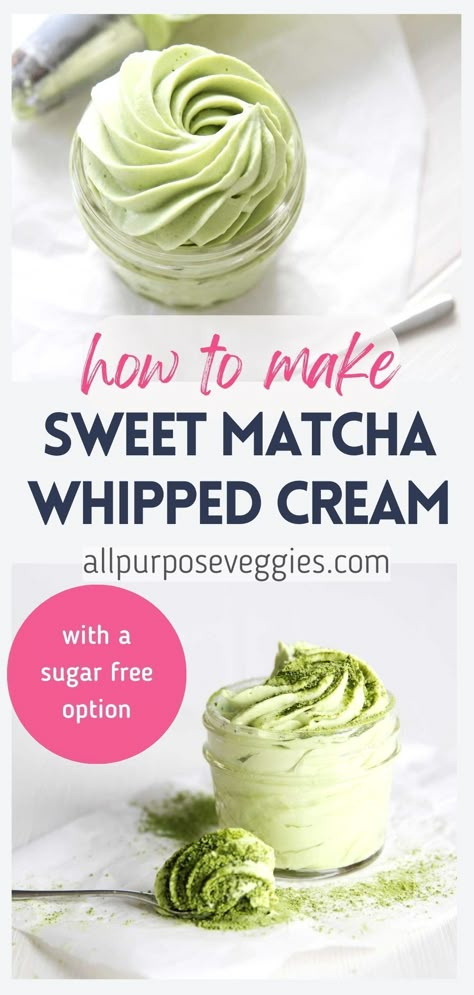 This light and fluffy Sweet Matcha Whipped Cream is for all those matcha maniacs out there. The vibrant, earthy notes of matcha are infused into the cream and is the perfect pairing for your favorite Japanese and Matcha flavored treats. FYI: you can also make this a sugar-free , keto-friendly recipe! Keep reading to find out how. #whippedcream #chantillycream #frosting #matcha #matchadesserts Uses For Matcha Powder, Matcha Filling Recipe, Matcha Whipped Cream Frosting, Matcha Icing Recipe, Keto Matcha Recipes, Matcha Keto Recipes, Matcha Deserts Recipe, Easy Matcha Desserts, Ryze Mushroom Matcha Recipes