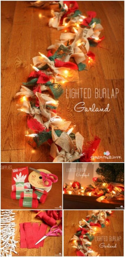 Light Up Garland, Burlap Garland, Diy Christmas Lights, Diy Christmas Garland, Christmas Garlands, Farmhouse Christmas Tree, Christmas Tree Decorations Diy, Diy Christmas Decorations, Burlap Christmas