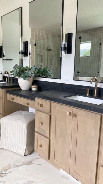 Leathered Granite Countertops, Black Pearl Granite, Granite Bathroom Countertops, Glam Bathroom, Granite Bathroom, Beige Cabinets, Dark Countertops, Black Granite Countertops, Black Countertops