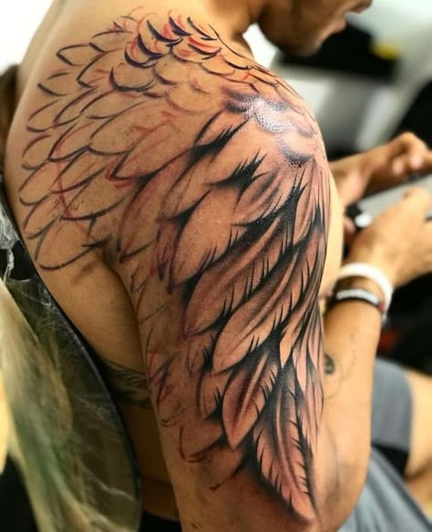 Shoulder Wings Tattoo Men, Wing Tattoo Shoulder Women, Wing Half Sleeve Tattoo, Wing Tattoo Shoulder, Wings Tattoo Shoulder, Wing Sleeve Tattoo, Shoulder Wing Tattoo, Tattoo Wings Back, Feather Tattoo Men