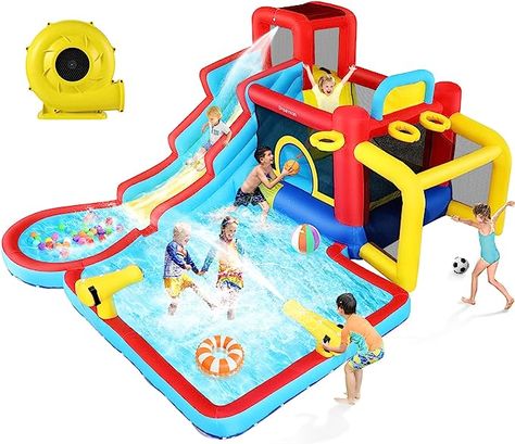 Water Bounce House, Bounce Castle, Backyard Water Parks, Water Slide Bounce House, Bounce House With Slide, Inflatable Water Park, Play Structures, Inflatable Bounce House, Bouncy House