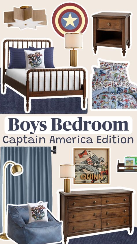 Boys Marvel Captain America inspired bedroom! 🦸‍♂️  #boysbedroomfurniture #boysbedroomdecor #marvelbedroom #marveldecor #marvel #captianamerica #superherobedroom #captainamericabedroom #kidsbedrooideas   Follow my shop @Chelsalately on the @shop.LTK app to shop this post and get my exclusive app-only content!  #liketkit #LTKkids #LTKhome #LTKstyletip @shop.ltk https://liketk.it/4BMwi Boys Marvel Bedroom, Marvel Boys Bedroom, Captain America Bedroom, America Bedroom, Declutter Kids Room, Hero Bedroom, Super Hero Bedroom Decor, Marvel Decor, Marvel Bedroom