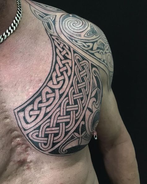 celtic-chest-tattoo-knot-celtic-tattooer Celtic Tattoos Sleeve, Celtic Geometric Tattoo, Celtic Neck Tattoo, Celtic Chest Tattoo Men, Mens Celtic Tattoos, Viking Chest Tattoo Men, Nordic Chest Tattoo, Viking Chest Tattoo, Celtic Chest Tattoo