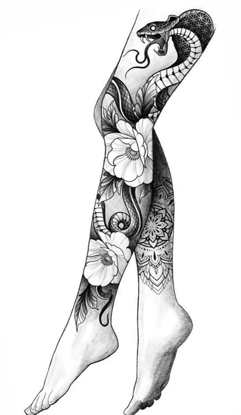 Women’s Leg Sleeve Tattoo Ideas, Full Sleeve Leg Tattoos Women, Leg Sleeve Ideas For Women, Snake Leg Tattoos Women, Womans Leg Sleeve Tattoos, Female Leg Tattoos Thigh Piece, Women’s Leg Sleeve Tattoo, Leg Tattoo Sleeve Women, Full Back Tattoos Women