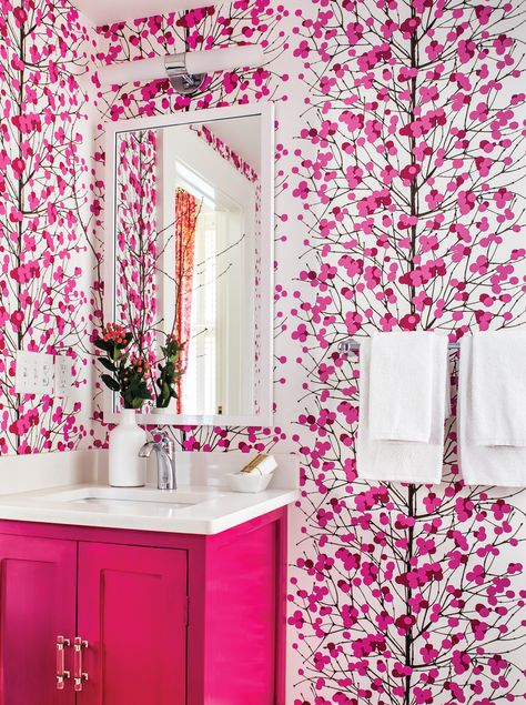 Masterful Mix Pink Bathroom Vanity, Hot Pink Bathroom, Marimekko Wallpaper, Terracotta Design, Pink Vanity, Modern Bathtub, Seattle Homes, Pink Baths, Cottage Kitchens