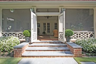 Screen Porch Panels, Double Screen Doors, French Doors With Screens, Porch Exterior, Brick Porch, Screen Porches, Front Porch Steps, Traditional Porch, Porch Design Ideas