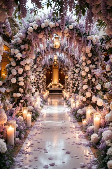 27 Indoor Wedding Decor Ideas That'll Transform Your Venue Wedding Aisle Indoor, Aisle Decorations Wedding Indoor, Wedding Venue Decorations Indoor, Indoor Wedding Decor Ideas, Disney Tangled Wedding, Indoor Wedding Decor, Tangled Wedding, Regal Wedding, White Flower Arrangements