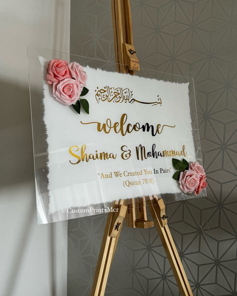 Welcome Entrance Sign , Dm to order. Posting worldwide 🌍 - - - #weddingsign #weddingboard #nikkah #nikkahsign #asianwedding #arabicwedding #weddinginspiration #weddingideas Entrance Signs, Large Wall Clock Decor, Acrylic Wedding Welcome Sign, Nikah Decor, Wedding Welcome Board, Bridal Shower Backdrop, Arab Wedding, Valentine Dinner, Painted Background