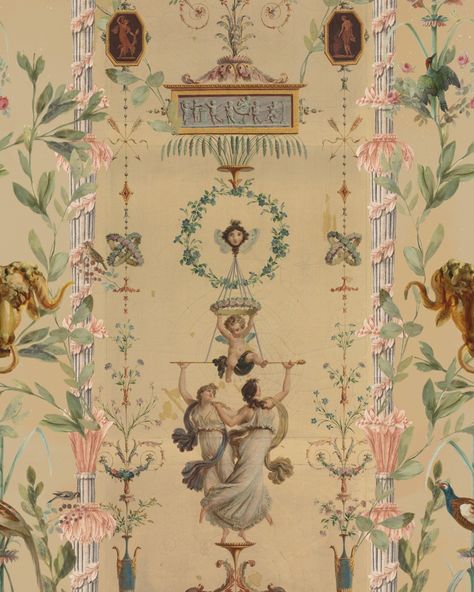 Sample Dancing Graces Wallpaper in Pink and Sepia from the Wallpaper C – BURKE DECOR Decorative Wallpaper, Mind The Gap, The Gap, Wall Panels, 18th Century, Dancing, Gap, Animals, Design