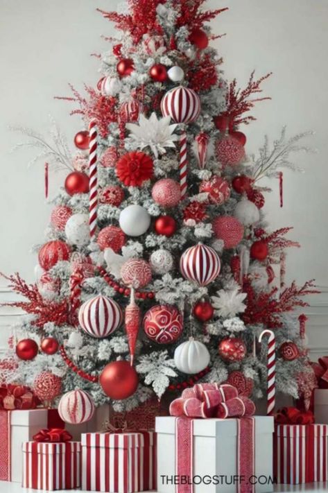 60 Christmas Tree Decor Ideas to Inspired You Red And Green White Christmas Tree, Red And White Peppermint Christmas Tree, Red And White Theme Christmas Decor, Red And White Tree Ideas, Decorated Frosted Christmas Tree, Red Christmas Decorations Ideas, Red White Christmas Tree Ideas, Angel Theme Christmas Tree, Candy Cane Christmas Tree Theme Decorating Ideas