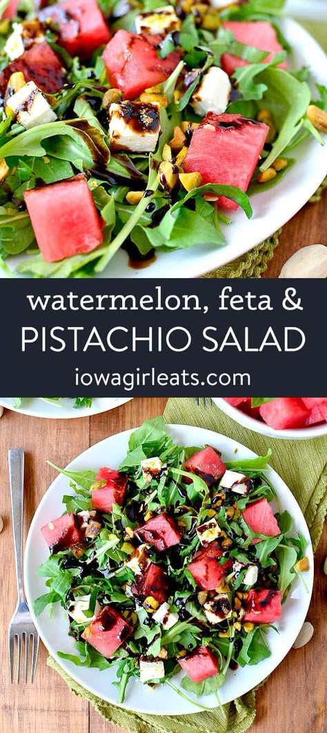 Watermelon Salad Recipes, Pistachio Salad, Watermelon Feta Salad, Salad Recipes Healthy, Watermelon And Feta, Iowa Girl Eats, Fresh Salad Recipes, Balsamic Reduction, Yummy Salads