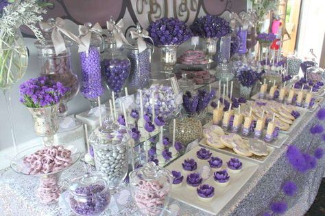 Purple Purple Candy Buffet, Wedding Candy Table, Lila Party, Buffet Dessert, Purple Birthday Party, Purple Bridal Shower, Buffet Ideas, Candy Station, Purple Candy