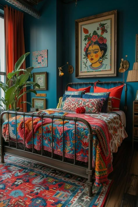 Contemporary Chic Bedroom, Blue Bedroom Walls, Bungalow Bedroom, Boho Bedrooms, Colorful Rooms, Teal Bedroom, Dopamine Decor, Eclectic Bedroom, Bohemian Interior