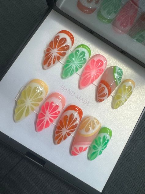 Full set of custom sized GelX press on nails with a 3D citrus design on each nail. After purchase, you will be sent a nail sizing video. 3d Citrus Nails, Neon Fruit Nails, 3d Fruit Nail Art, 3d Fruit Nails, Citrus Nails, Nail Inspired, Fruit Nail Designs, Fruit Nails, Nail Piercing