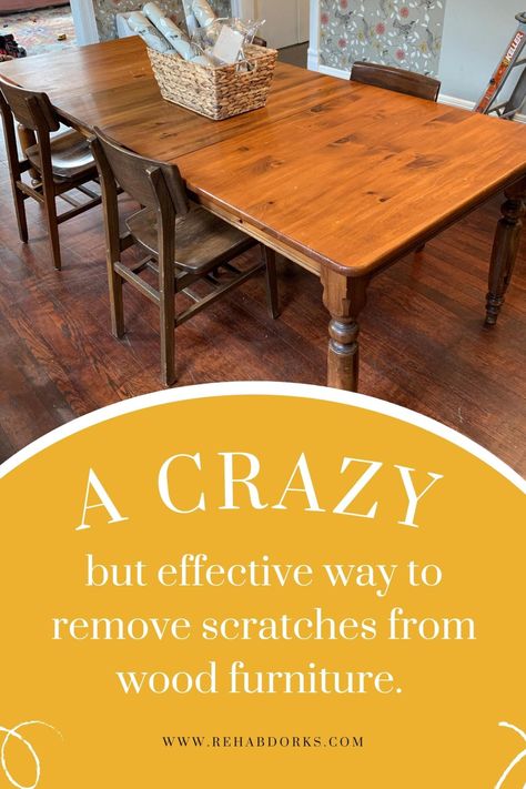 The Non Toxic Way to Remove Furniture Scratches Easily | REHAB DORKS Large Dining Room Table, Pine Dining Table, Kitchen Table Wood, Home Staging Tips, Furniture Scratches, Pine Table, Large Dining Room, Oak Table, Wood Laminate