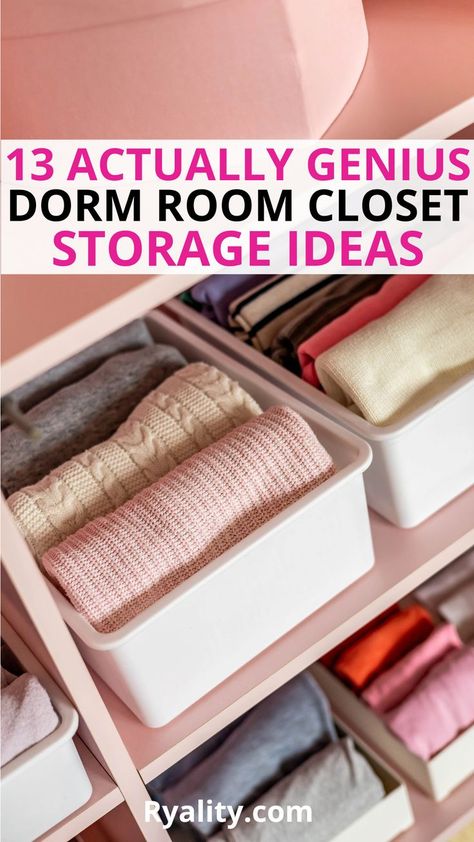 Omg I'm definitely trying these dorm storage ideas for my closet when I move in Room Closet Organization Ideas, Dorm Room Closet Organization, Room Closet Organization, Dorm Storage Ideas, Dorm Closet Organization, Closet Organization Hacks, Dorm Room Closet, Clothes Organization Small Space, Dorm Closet