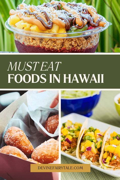 assorted local hawaii foods with title must eat foods in hawaii Food Hawaii, Hawaiian Dishes Traditional, Hawaiian Dishes Parties, Waikiki Food, Hawaiian Side Dishes, Traditional Hawaiian Food, Polynesian Food, Fusion Dishes, Hawaiian Dishes