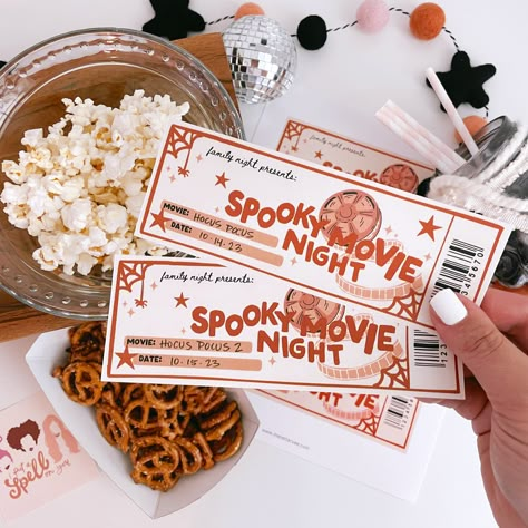 ***Please note, this is a DIGITAL item. No physical items will be shipped. A sweet touch for those spooky family movie nights! What you'll get: 1 printable page is included (3 tickets per print) Instant Access (Once your payment is complete, you will receive a pdf containing a link(s) for your purchased template) Unlimited uses! (Purchase once and print for life!) You'll receive an email containing 1 PDF file with 8.5x11 designs. You may resize to any desired size by choosing the 'scale' option Spooky Family Movie Night, Halloween Movie Night Tickets, Halloween Themed Date Night, Spooky Night Ideas, Halloween Movie Night Snacks, Halloween Family Movie Night, Spooky Date Night, Spooky Sleepover, Halloween Movie Night Party