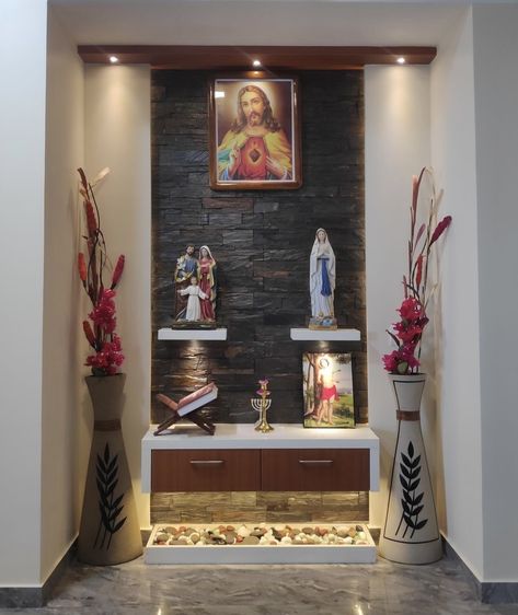 God Place At Home, Home Grotto Ideas, Indian Altar Design, Praying Area At Home, Jesus Alter Ideas At Home, Prayer Alter Ideas Home Altar, Small Altar Design Home Catholic, Prayer Room Ideas Catholic, Christian Altar Ideas For Home