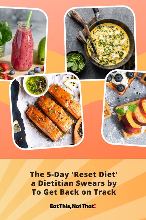 If you feel like your eating habits could use a tune-up, a five-day reset diet may be just what you need to get back on track and revamp your weight-loss efforts. This dietitian-approved meal plan is designed to help reset your palate, refocus on nutritious foods, and kickstart much healthier habits. It's not about deprivation or extreme measures; instead, it's a gentle reset diet that can help you feel refreshed and re-energized. Tummy Reset Diet, 5 Day Pouch Reset Diet, Reset Diet, Greek Vinaigrette, Healthier Habits, Better Diet, Nutritious Foods, Get Back On Track, Diets For Women