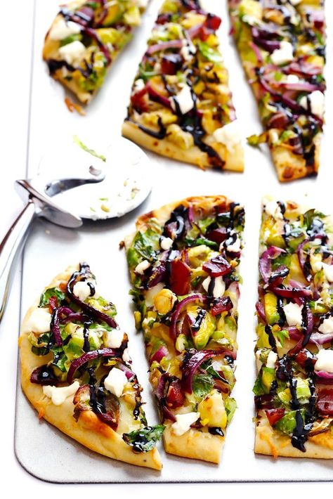 This Brussels Sprouts and Bacon Flatbread Pizza recipe is quick and easy to make, and packed with bold flavors that everyone will love! Brussel Sprouts And Bacon, Bacon Flatbread, Brussels Sprouts And Bacon, Sprouts And Bacon, Pizza Roll, Fall Appetizers, Gimme Some Oven, Sprouts With Bacon, Flatbread Recipes