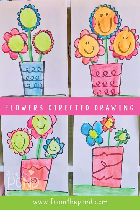 A cute directed drawing project for kindergarten and first grade - flowers in a vase. Step by step guide provided on the blog! Enjoy April Directed Drawing Kindergarten, Easter Directed Drawing Kindergarten, Simple Art Projects For Kindergarten, Teacher Directed Drawing Preschool, Directed Drawings For Preschoolers, Directive Drawing For Kids, April Directed Drawing, Directed Drawing Spring, Kindergarten Art Show